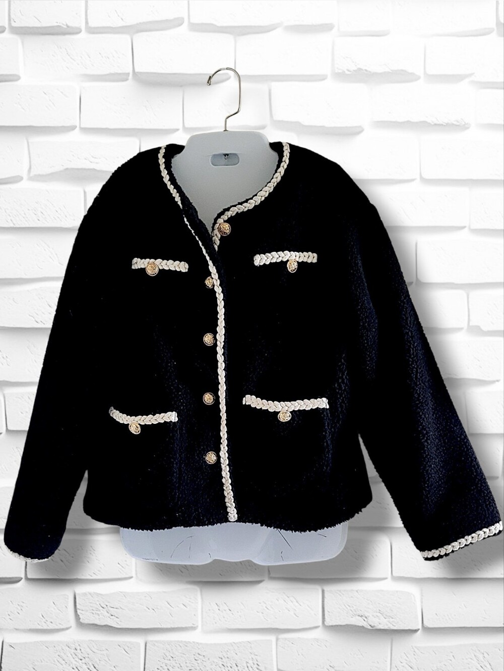 DAZY | Chanel Style Black Boucle Gold Button Ivory Trim Teddy Jacket Size S
